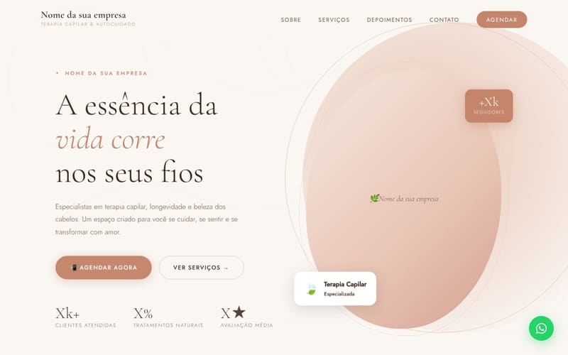 Landing page de terapia capilar, em tons de rosa, com o título “A essência da vida corre nos seus fios”