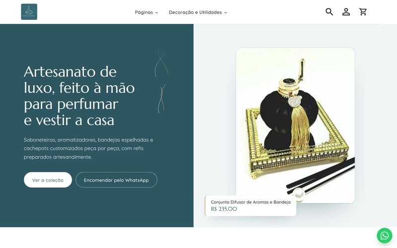 Página inicial da loja Preciosa Aroma e Arte, com o título “Artesanato de luxo, feito à mão para perfumar e vestir a casa” e um difusor de aromas sobre bandeja espelhada
